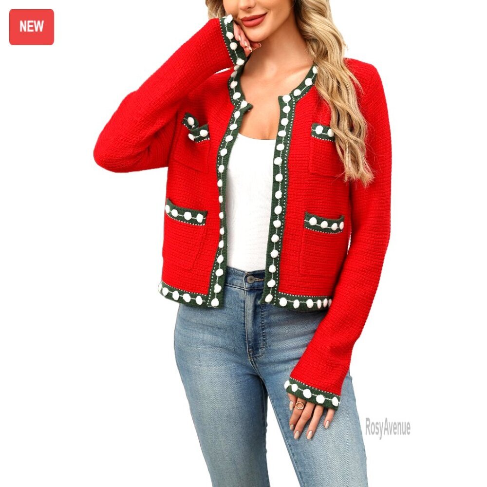 Cropped Cardigan Open Front Chunky Knit Jackie O Sweater Jacket Button Down